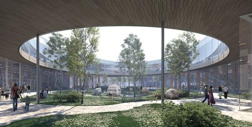 The design features a large open-air atrium on the ground floor