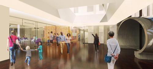 The Main Hall of the Martin Building, showing entrances to the Creative Hub and Bonfils-Stanton Gallery / Fentress Architects and Machado Silvetti