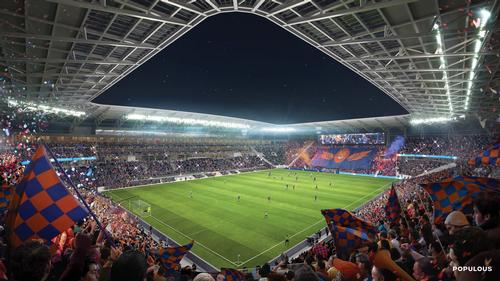 A cantilevered roof structure has been designed to allow sunlight onto the pitch / Populous