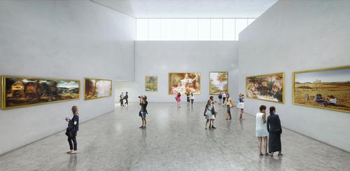 There are large exhibition spaces inside / Brooks + Scarpa & KMF Architects