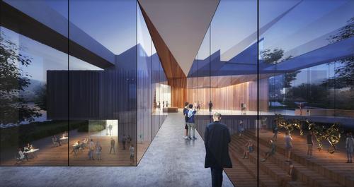 Some interior spaces and walkways have floor-to-ceiling glazing / Brooks + Scarpa & KMF Architects
