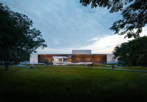 The design integrates the existing 12,000sq ft (1,100sq m) museum building / Brooks + Scarpa & KMF Architects