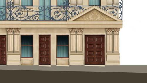 A close-up sketch of the façade and exterior balcony