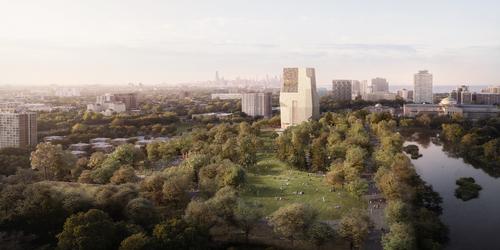 A north-facing view of the Obama Presidential Center campus in Jackson Park / The Obama Presidential Center