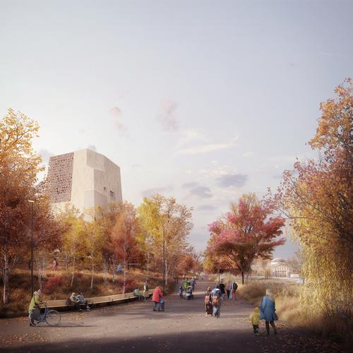 A north-facing view from the promenade toward the museum building, the Museum of Science and Industry and the lagoon / The Obama Presidential Center