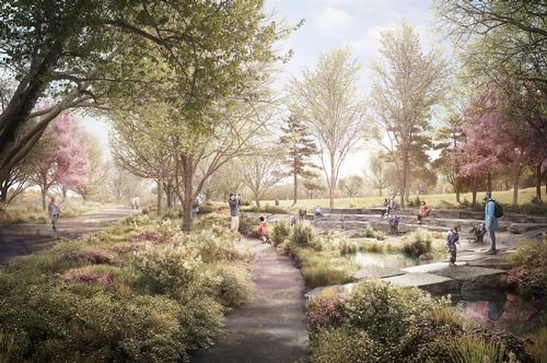 A one-acre wetland area will capture and treat stormwater and feature a Wetland Walk that threads through the area and offers a unique environment with seating and a tree canopy / The Obama Presidential Center