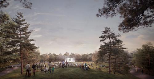 At dusk, the Great Lawn becomes an open-air theatre, with a gentle sloping view to the south / The Obama Presidential Center