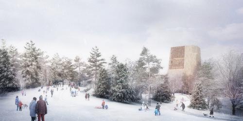 On snowy days, the Great Lawn becomes a sledding hill with a backdrop of the museum building to the north / The Obama Presidential Center