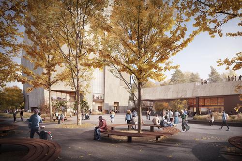 A dynamic public plaza is at the heart of the Obama Presidential Center, welcoming visitors to the campus and the park / The Obama Presidential Center