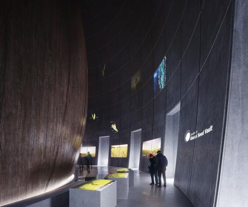 The exhibition building is designed to give visitors the sense of entering a vault that is built into the permafrost / Snøhetta