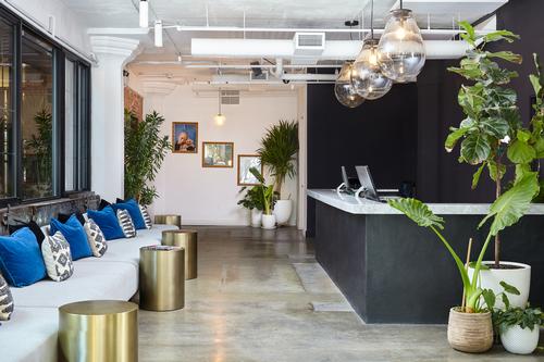 A bright, open-plan lobby has a reception area with seating / The Collective