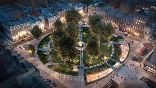 A pedestrian-first green lung will double the current amount of public space and feature new planting, water features and drinking fountains / Reef Group