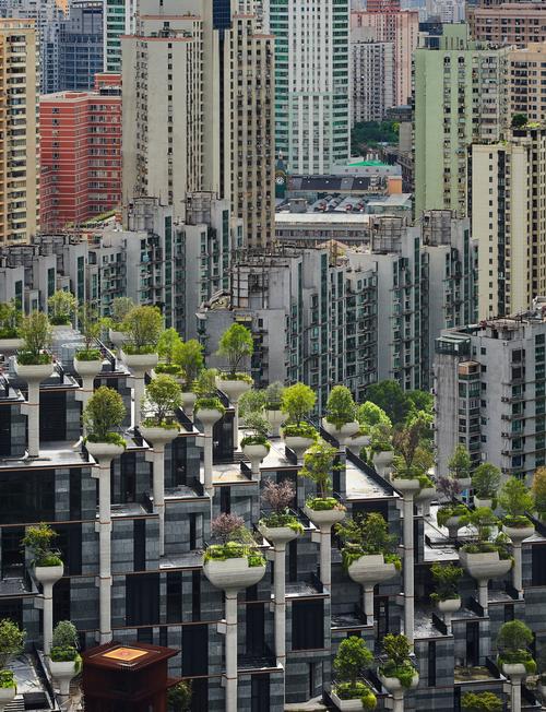 The building's structural support columns are left exposed / Qingyan Zhu