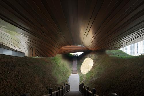 A void underneath the upper volume provides a space for visitors to explore / Xia Zhi