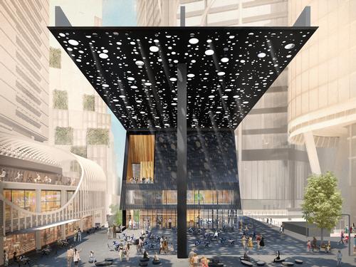 The canopy is designed to filter and refract light through randomly-scattered, mirror-lined perforations / Adjaye Associates
