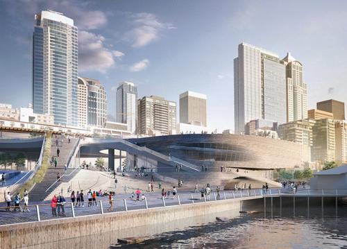 Overlook Walk (left) will connect Seattle's Pike Place Market to the new promenade, via the roof of Ocean Pavilion (right) / LMN Architects