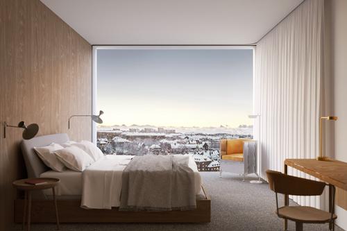 The more slender upper section of the tower will house four hundred hotel rooms with views of the city and the nearby sea / Tham & Videgård Arkitekter