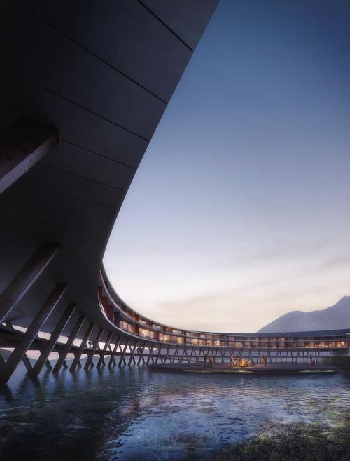 The circular hotel will be raised up above the fjord on a wooden supporting structure / Plompmozes