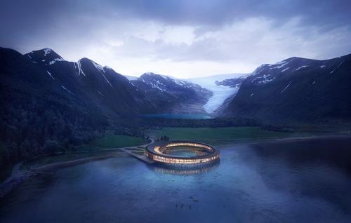 The hotel will be situated on the Holandsfjorden fjord at the foot of the Svartisen glacier / Plompmozes