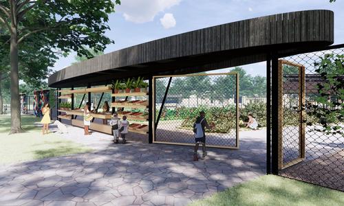 The Main Entrance to the farm will feature a farm stand that will serve as an entrepreneurial space for community members