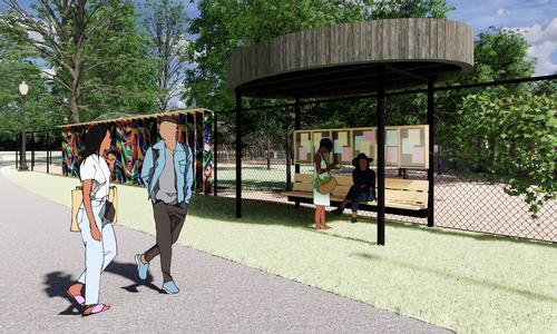 The fence line will feature covered benches, bulletin boards for community notices, and features of local art facing outside the park to the surrounding community