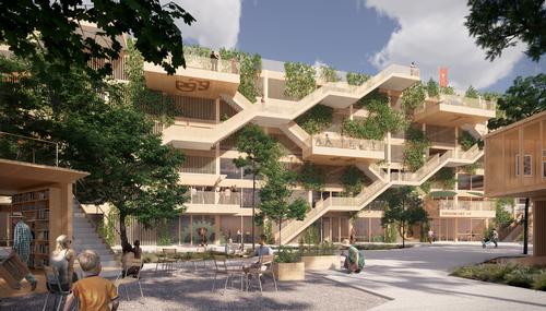 Green space and public spaces around the car-park will provide space for people to gather and relax / JAJA Architects + Open Platform