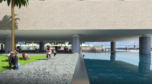 The volume that houses the museum is supported on 18 cylindrical pillars / Pei Cobb Freed & Partners