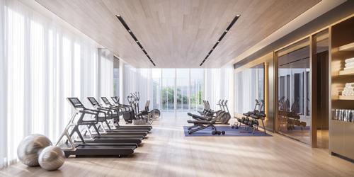 A fitness centre features TechnoGym equipment, a weight training area and an adaptable studio room
