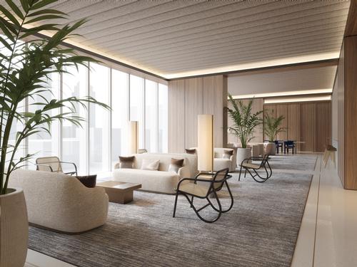 A sky lounge and roof garden provide views of the city