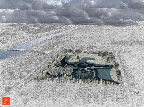 The water garden will be able to store and clean up to 24ac ft (29,600 cu m, 7.8 million gal) of stormwater / Waggonner & Ball