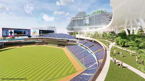 People able to use the concourse as a walking trail, providing views down into the ballpark / Pendulum Studio