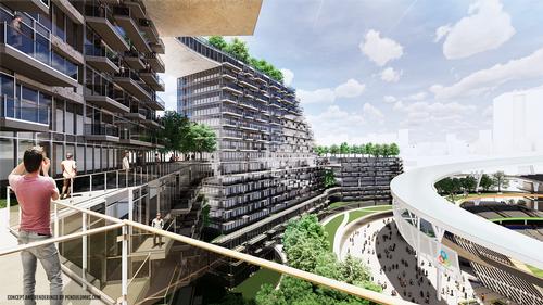 Balconies, terraces and pools of the surrounding housing, hotels and amenities would provide views into the ballpark / Pendulum Studio