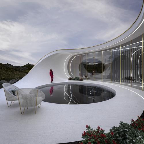 There is an outdoor space with a swimming pool and recreation area / Wafai Architecture