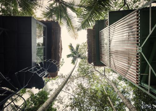 The hotel is a mix of part-industrial, part-natural structures in a tropical forest setting / kiearch