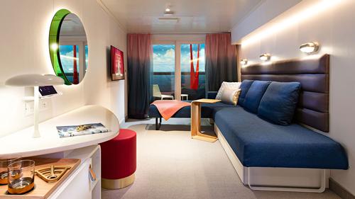 Sea Terrace cabins feature glam areas, rainshowers and hand-woven terrace hammocks / Virgin Voyages