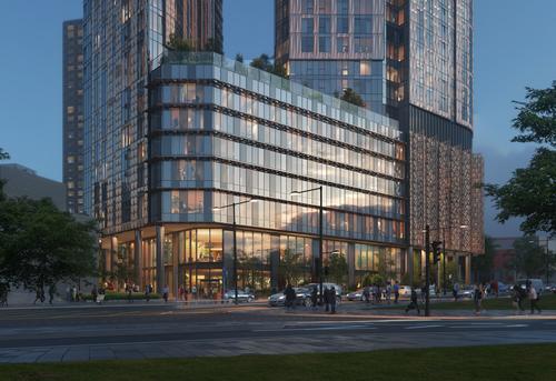 The towers will be set into an adjoining base that will feature a rooftop terrace