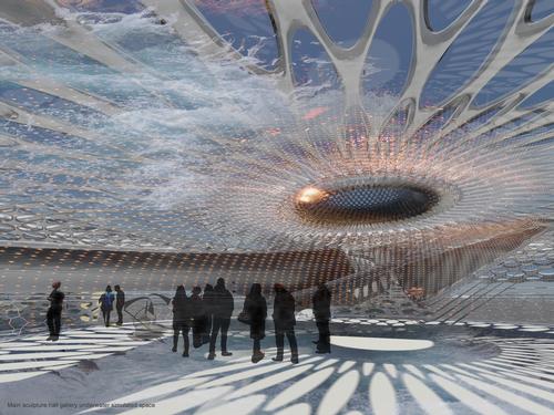 Seawater drawn up into the oscillating water column to drive the turbines would be splashed onto roof of the art gallery / Margot Krasojević