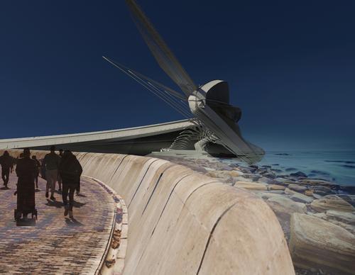 The building would be cantilevered over the coastline and partly submerged to maximise exposure to the wave energy / Margot Krasojević