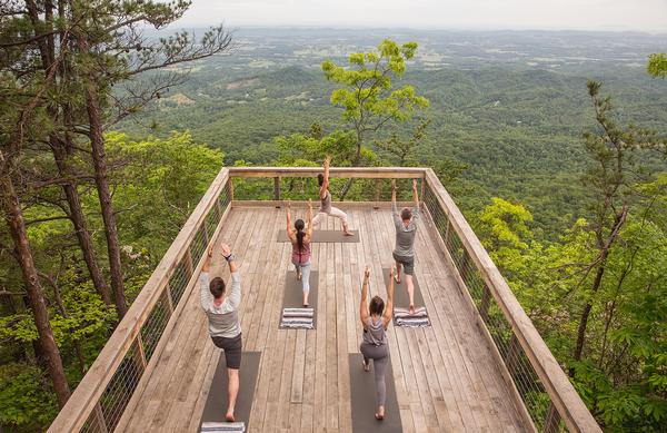 A yoga platform offers views of the spectacular scenery
