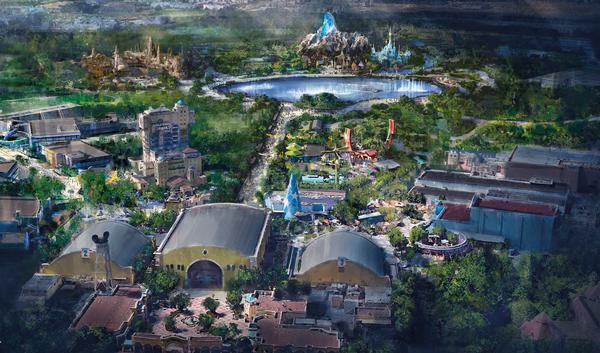 The expansion masterplan places three new themed worlds around a lake