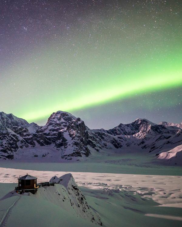 Sheldon Chalet is located on a rocky outcrop in the interior wilderness of Alaska