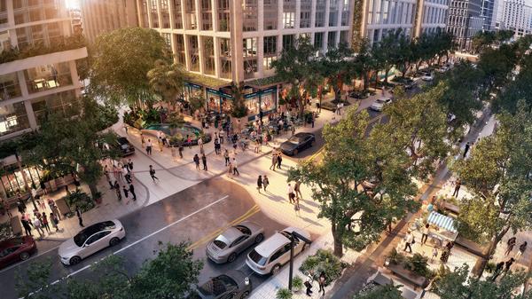 Water Street will feature a 45-ft wide landscaped promenade, with trees to offer shade and improve air quality