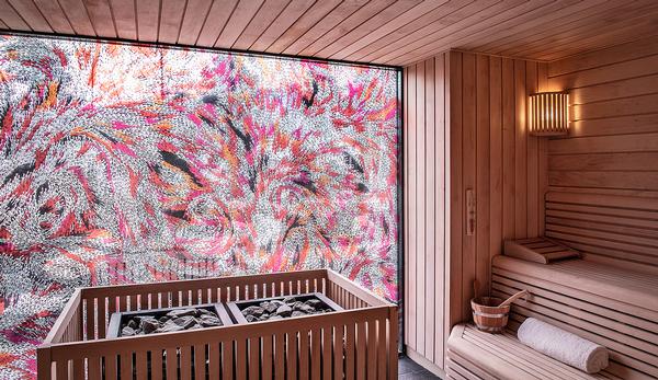 Sauna in Albamhor Spa at The Fife Arms, Braemar, with mural by artist Bharti Kher / Photo: Sim Canetty-Clarke