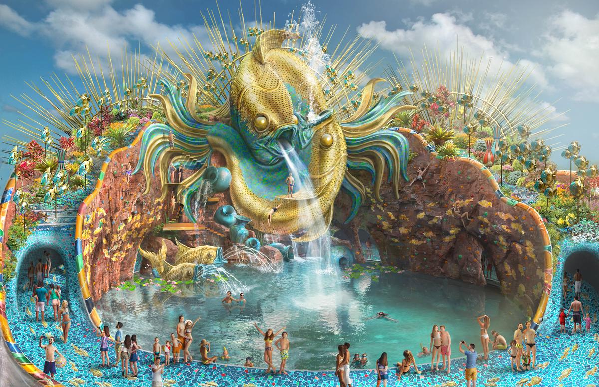 During the day, highly-themed attractions offer a Cirque Du Soleil waterpark experience