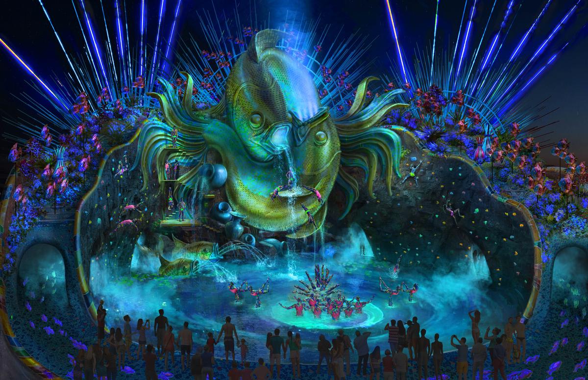 At night, waterpark attractions become stages for Cirque performers At night, waterpark attractions become stages for Cirque performers