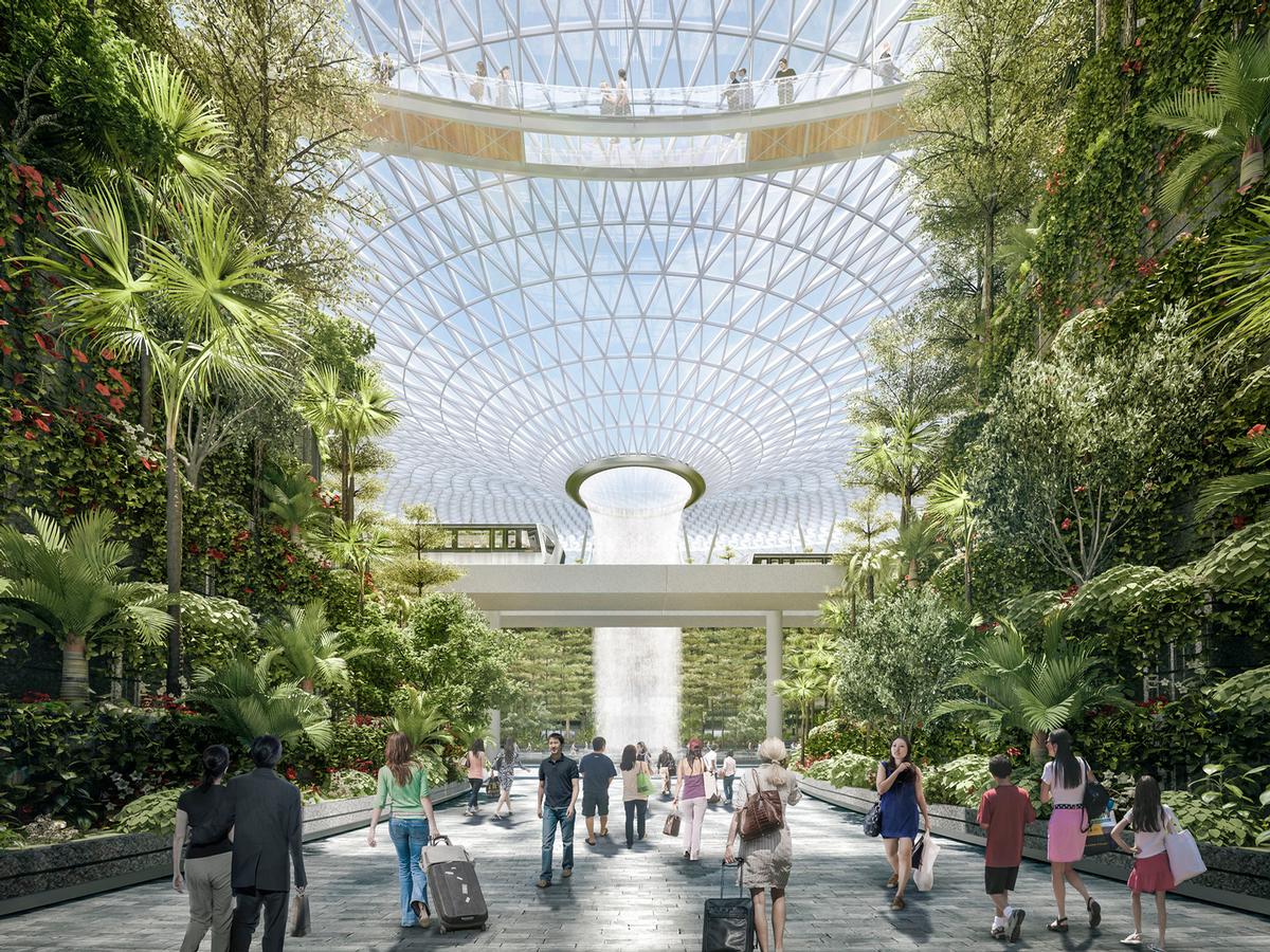 The indoor park will contain a number of leisure amenities, including a waterfall and Canopy Park. / Courtesy of Moshe Safdie Architects