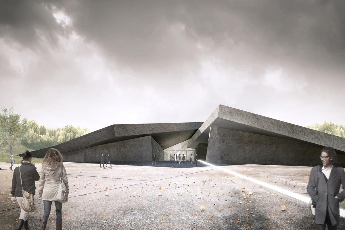 An angular split roof is suggestive of tectonic plates clashing / Nizio Design International