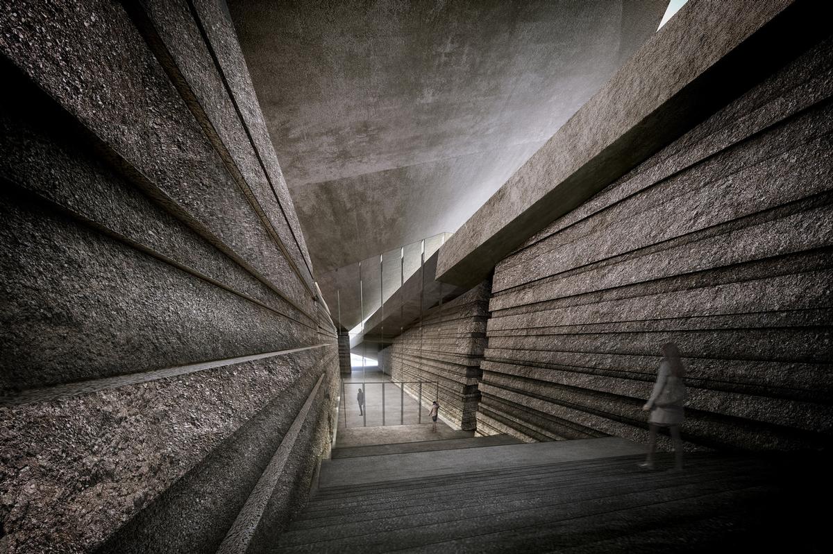 Heavy concrete walls descend into the underground museum 
/ Nizio Design International