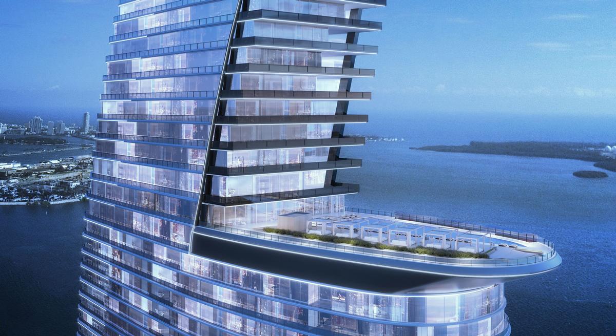 The Sky Amenities area will, according to Aston Marton, be 'encased in a bold sail-shaped building reflecting the marina setting' of the Florida coast. / Courtesy of Aston Martin Residences