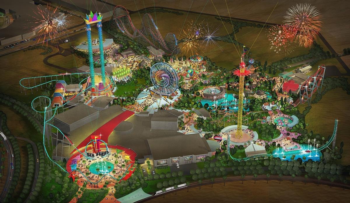 Six Flags Dubai was due to contain 27 rides across six themed zones / Six Flags/DPR Six Flags Dubai was due to contain 27 rides across six themed zones / Six Flags/DPR